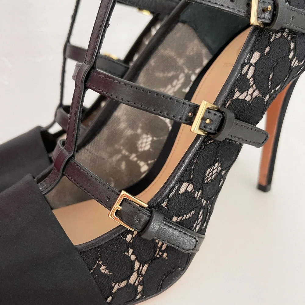 TORY BURCH Satin Lace Leather Black Pointy Toe Camellia shoes Heels pumps US 9.5 - Picture 6 of 9